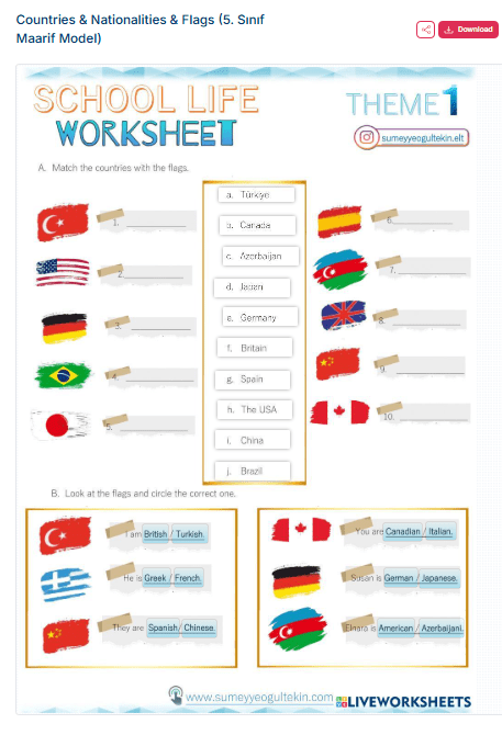Theme 1 - Countries & Nationalities & Flags Interactive Worksheet (Maarif Model)